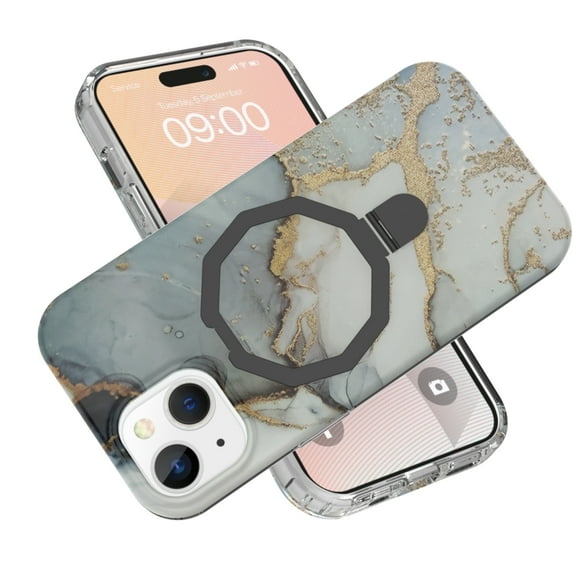 Allytechgroup Ultra Slim Case for iPhone 15 wth Fashion Marble Pattern, Foldable Ring Kickstand Magnetic Cover Support Wireless Charging Full Body Protection Shockproof Case - Black