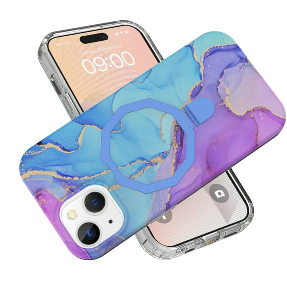 Allytechgroup Ultra Slim Case for iPhone 15 wth Fashion Marble Pattern, Foldable Ring Kickstand Magnetic Cover Support Wireless Charging Full Body Protection Shockproof Case - Blue
