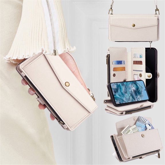 Allytechgroup Versatile Google Pixel 6 Pro Case Cover, Multifunctional Phone Case for Google Pixel 6 Pro, with Zipper Pocket Shoulder Strap Hand Wrist Cards Holder Stand Feature Case, White