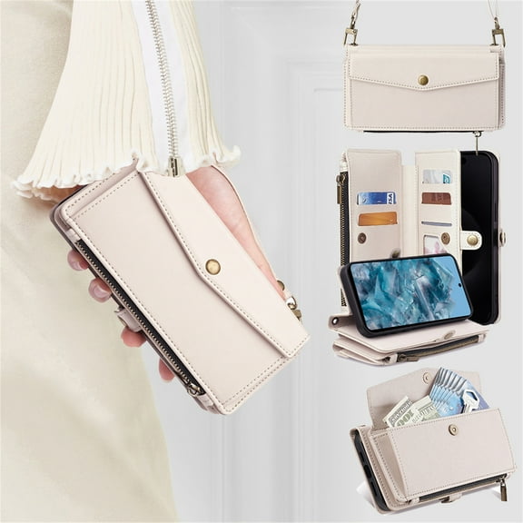 Allytechgroup Versatile Google Pixel 7 Case Cover, Multifunctional Phone Case for Google Pixel 7, with Zipper Pocket Shoulder Strap Hand Wrist Cards Holder Stand Feature Case, White