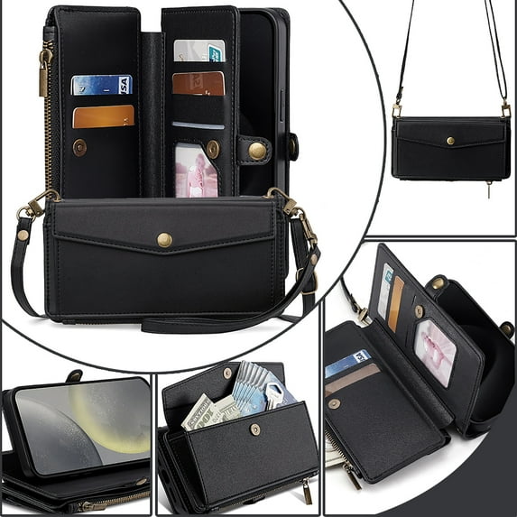 Allytechgroup Versatile Samsung Galaxy A15 Case Cover, Multifunctional Phone Case for Samsung Galaxy A15, with Zipper Pocket Shoulder Strap Hand Wrist Cards Holder Stand Feature Case, Black