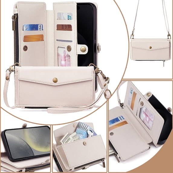 Allytechgroup Versatile Samsung Galaxy S22 Ultra Case, Multifunctional Phone Case for Samsung Galaxy S22 Ultra, with Zipper Pocket Shoulder Strap Hand Wrist Cards Holder Stand Feature Case, White