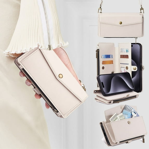 Allytechgroup Versatile iPhone 13 Case Cover, Multifunctional Phone Case for Apple iPhone 13, with Zipper Pocket Detachable Shoulder Strap Hand Wrist Cards Holder Stand Feature Case, White