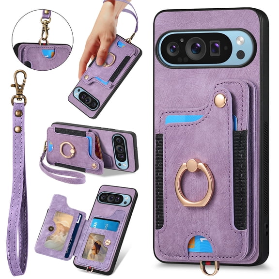 Allytechgroup Wallet Cards Holder Case for Google Pixel 10 /10 Pro with Ring Holder, Slim Premium PU Leather Retro Hand Wrist Stand Shockproof Compatible with Car Mount for Women Girls, Purple