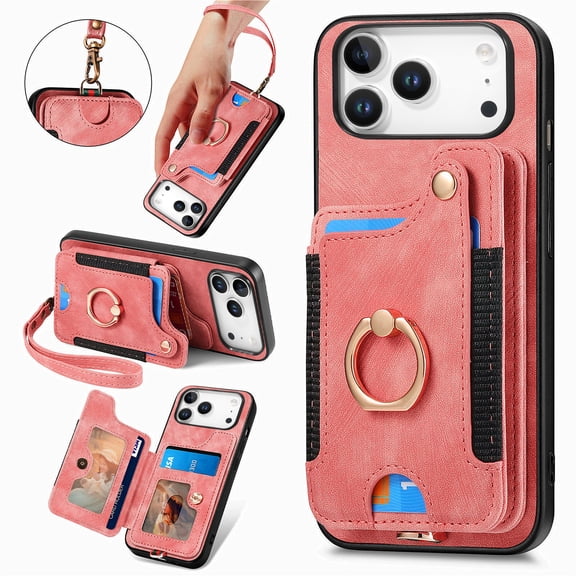 Allytechgroup Wallet Cards Holder Case for iPhone 17 Pro Max with Ring Holder, Slim Premium PU Leather Retro Hand Wrist Stand Shockproof Compatible with Car Mount for Women Girls, Pink