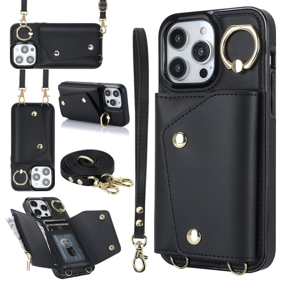 Allytechgroup Wallet Case for Apple iPhone 11 Pro Max, RFID Blocking Crossbody Shoulder Strap Hand Wrist Cards Holder Ring Stand Bumper Drop Protection Phone Case for Girls Women, Black