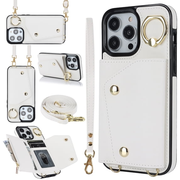 Allytechgroup Wallet Case for Apple iPhone 11 Pro Max, RFID Blocking Crossbody Shoulder Strap Hand Wrist Cards Holder Ring Stand Bumper Drop Protection Phone Case for Girls Women, White