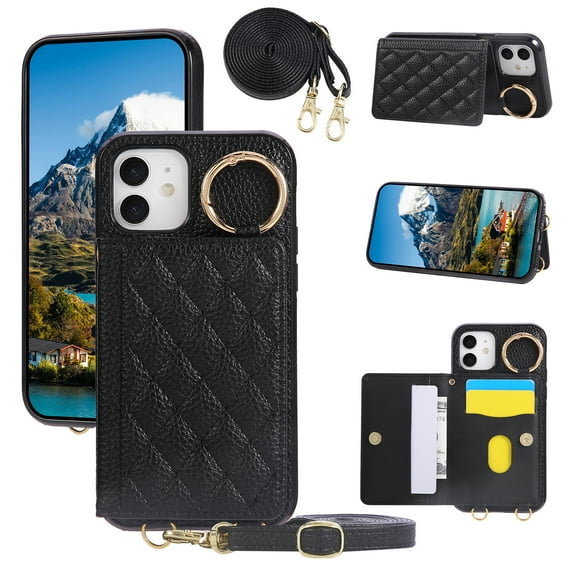 Allytechgroup Wallet Case for Apple iPhone 11 with Shoulder Strap/Card Slot/Cash Pocket/Metal Ring Grip Kickstand Magnetic Closure Cover PU Leather Shockproof Soft TPU Bumper Non-Slip Shell, Black