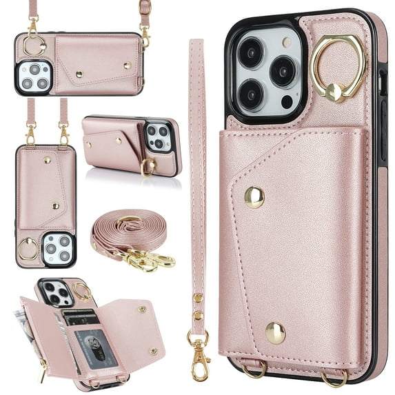 Allytechgroup Wallet Case for Apple iPhone 12 Mini, RFID Blocking Crossbody Shoulder Strap Hand Wrist Cards Holder Ring Stand Bumper Drop Protection Phone Case for Girls Women, Rosegold