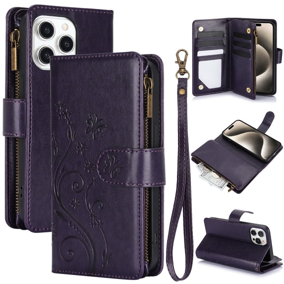 Allytechgroup Wallet Case for Apple iPhone 12 Pro / 12 6.1", Multiple Cards Slots Zipper Pocket PU Leather with Stylish Pattern Hand Strap Flip Cover Phone Case for iPhone 12 Pro / 12 6.1", Darkpurple