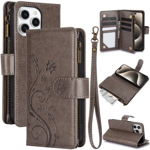 Allytechgroup Wallet Case for Apple iPhone 12 Pro / 12 6.1", Multiple Cards Slots Zipper Pocket PU Leather with Stylish Pattern Hand Strap Flip Cover Phone Case for iPhone 12 Pro / 12 6.1", Gray