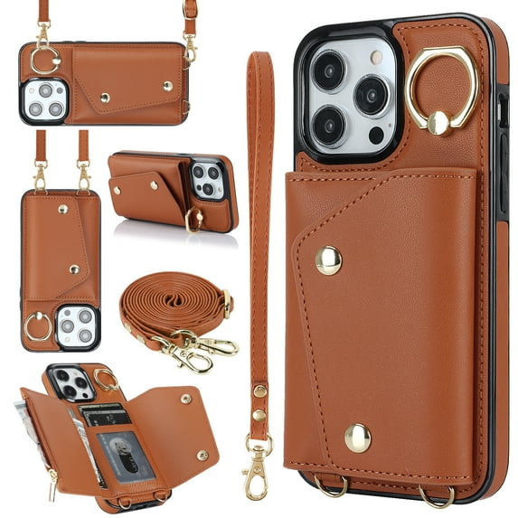 Allytechgroup Wallet Case for Apple iPhone 12 Pro Max, RFID Blocking Crossbody Shoulder Strap Hand Wrist Cards Holder Ring Stand Bumper Drop Protection Phone Case for Girls Women, Brown