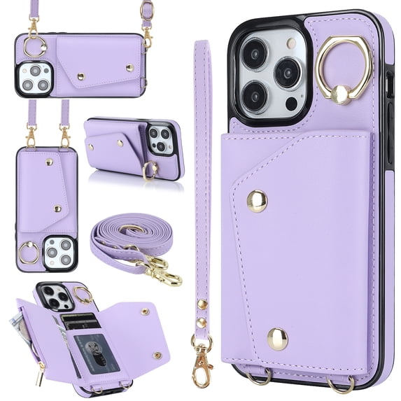 Allytechgroup Wallet Case for Apple iPhone 12 Pro Max, RFID Blocking Crossbody Shoulder Strap Hand Wrist Cards Holder Ring Stand Bumper Drop Protection Phone Case for Girls Women, Purple