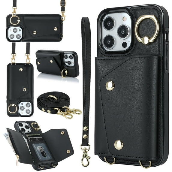 Allytechgroup Wallet Case for Apple iPhone 12 Pro Max, RFID Blocking Crossbody Shoulder Strap Hand Wrist Cards Holder Ring Stand Bumper Drop Protection Phone Case for Girls Women, Black
