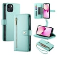 thumbnail image 1 of Allytechgroup Wallet Case for Apple iPhone 13, 9 Cards Holder + Zipper Pocket + Hand Wrist Shockproof Stand Flip Cover RFID Blocking Phone Case for Women Men, Mint, 1 of 7