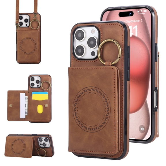 Allytechgroup Wallet Case for Apple iPhone 13 Pro, with Crossbody Shoulder Strap Cards Holders Ring Stand Magnetic Back Cover Anti-Scratch Phone Case Shell for iPhone 13 Pro,Brown
