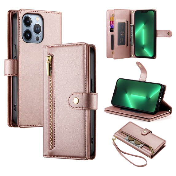 Allytechgroup Wallet Case for Apple iPhone 13 Pro Max, 9 Cards Holder + Zipper Pocket + Hand Wrist Shockproof Stand Flip Cover RFID Blocking Phone Case for Women Men, Pink
