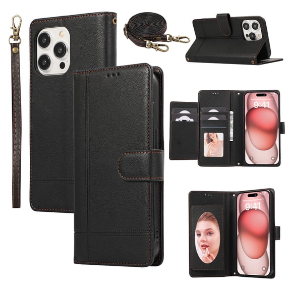 Allytechgroup Wallet Case for Apple iPhone 13 Pro Max with Crossbody Strap Hand Wrist, Makeup Mirror Cards Slots Cash Pocket RFID Blocking Flip Stand Slim Case Cover for iPhone 13 Pro Max, Black