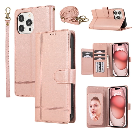 Allytechgroup Wallet Case for Apple iPhone 13 Pro Max with Crossbody Strap Hand Wrist, Makeup Mirror Cards Slots Cash Pocket RFID Blocking Flip Stand Slim Case Cover for iPhone 13 Pro Max, Rosegold