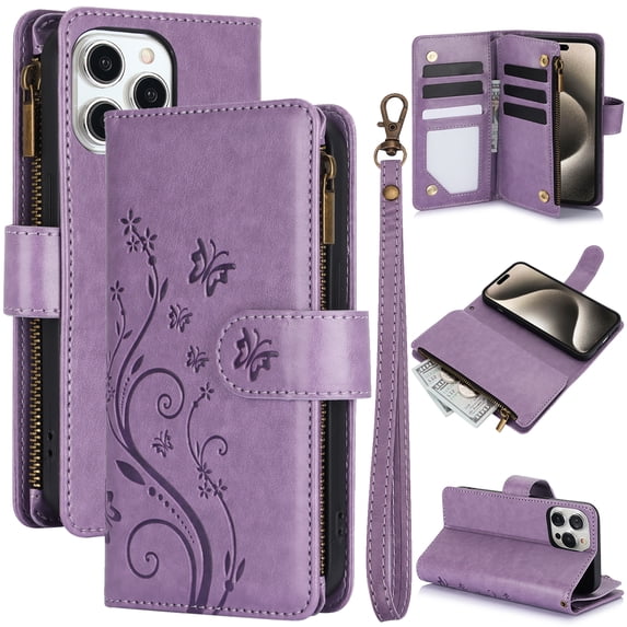 Allytechgroup Wallet Case for Apple iPhone 13 Pro Max, Multiple Cards Slots Zipper Pocket PU Leather with Stylish Pattern Hand Strap Flip Cover Phone Case for iPhone 13 Pro Max, Purple