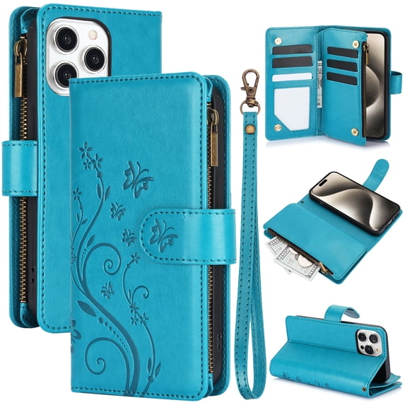 Allytechgroup Wallet Case for Apple iPhone 13 Pro Max, Multiple Cards Slots Zipper Pocket PU Leather with Stylish Pattern Hand Strap Flip Cover Phone Case for iPhone 13 Pro Max, Blue