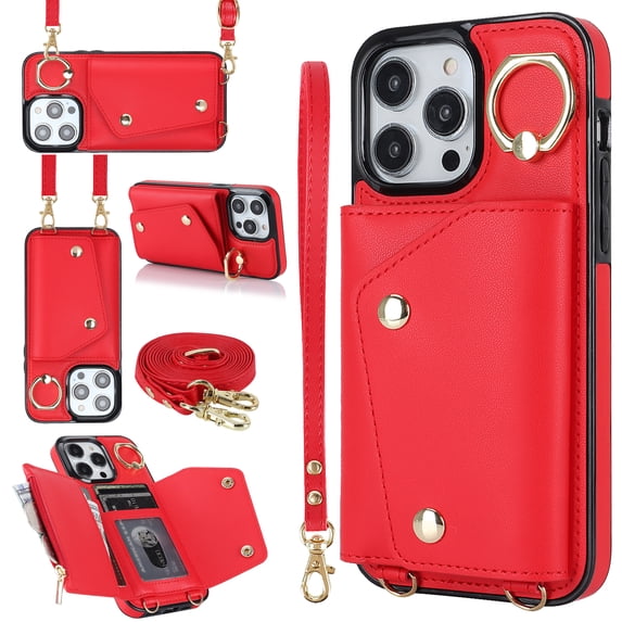 Allytechgroup Wallet Case for Apple iPhone 13 Pro, RFID Blocking Crossbody Shoulder Strap Hand Wrist Cards Holder Ring Stand Bumper Drop Protection Phone Case for Girls Women, Red