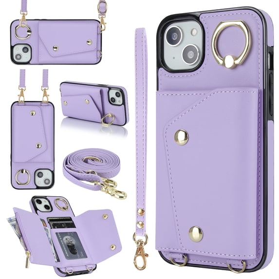 Allytechgroup Wallet Case for Apple iPhone 13, RFID Blocking Crossbody Shoulder Strap Hand Wrist Cards Holder Ring Stand Bumper Drop Protection Phone Case for Girls Women, Purple