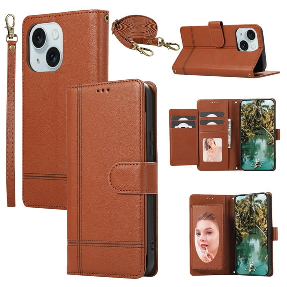 Allytechgroup Wallet Case for Apple iPhone 14 Plus with Crossbody Strap Hand Wrist, Makeup Mirror Cards Slots Cash Pocket RFID Blocking Flip Stand Slim Case Cover for iPhone 14 Plus, Brown