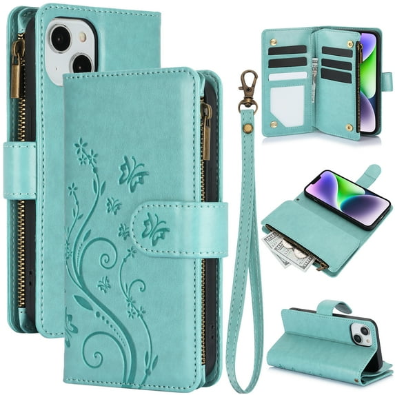 Allytechgroup Wallet Case for Apple iPhone 14 Plus, Multiple Cards Slots Zipper Pocket PU Leather with Stylish Pattern Hand Strap Flip Cover Phone Case for iPhone 14 Plus, Green
