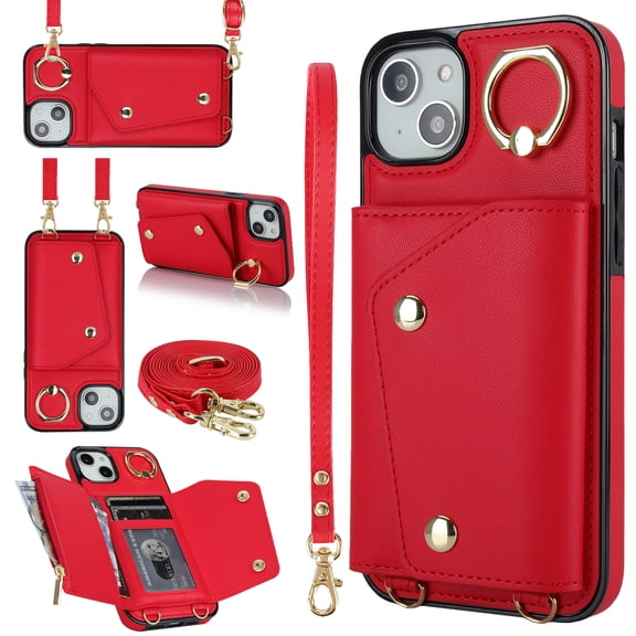 Allytechgroup Wallet Case for Apple iPhone 14 Plus, RFID Blocking Crossbody Shoulder Strap Hand Wrist Cards Holder Ring Stand Bumper Drop Protection Phone Case for Girls Women, Red