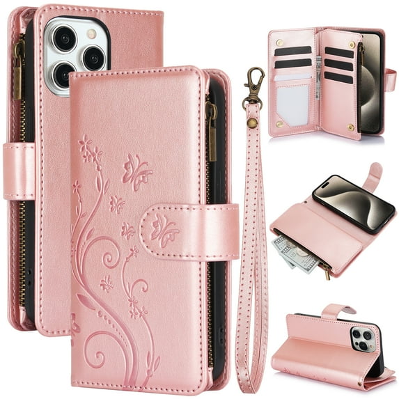 Allytechgroup Wallet Case for Apple iPhone 14 Pro, Multiple Cards Slots Zipper Pocket PU Leather with Stylish Pattern Hand Strap Flip Cover Phone Case for iPhone 14 Pro, Rosegold