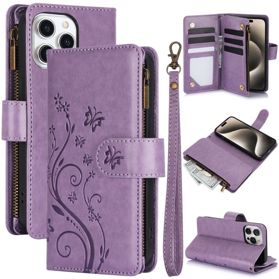 Allytechgroup Wallet Case for Apple iPhone 14 Pro, Multiple Cards Slots Zipper Pocket PU Leather with Stylish Pattern Hand Strap Flip Cover Phone Case for iPhone 14 Pro, Purple