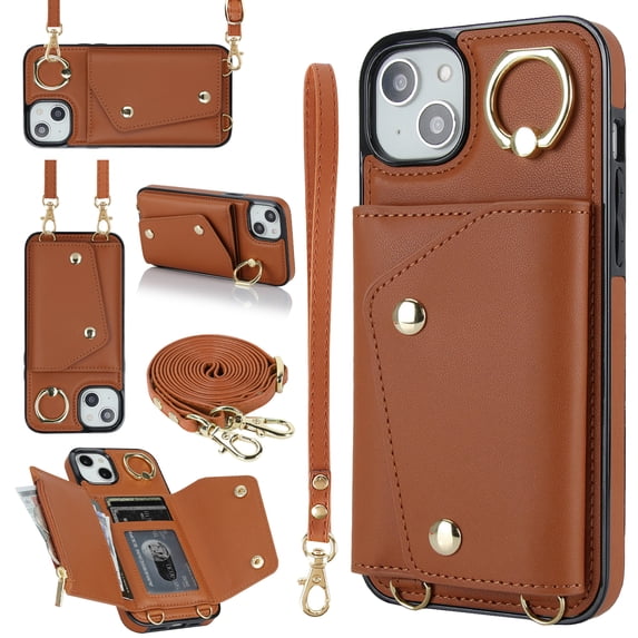 Allytechgroup Wallet Case for Apple iPhone 14, RFID Blocking Crossbody Shoulder Strap Hand Wrist Cards Holder Ring Stand Bumper Drop Protection Phone Case for Girls Women, Brown