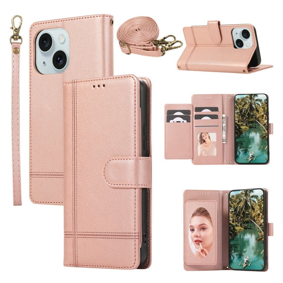 Allytechgroup Wallet Case for Apple iPhone 15 Plus with Crossbody Strap Hand Wrist, Makeup Mirror Cards Slots Cash Pocket RFID Blocking Flip Stand Slim Case Cover for iPhone 15 Plus, Rosegold