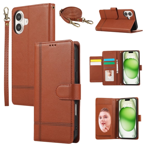 Allytechgroup Wallet Case for Apple iPhone 16 with Crossbody Strap Hand Wrist, Makeup Mirror Cards Slots Cash Pocket RFID Blocking Flip Stand Slim Case Cover for iPhone 16, Brown