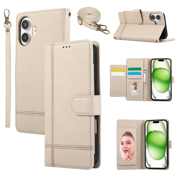 Allytechgroup Wallet Case for Apple iPhone 16 with Crossbody Strap Hand Wrist, Makeup Mirror Cards Slots Cash Pocket RFID Blocking Flip Stand Slim Case Cover for iPhone 16, Beige