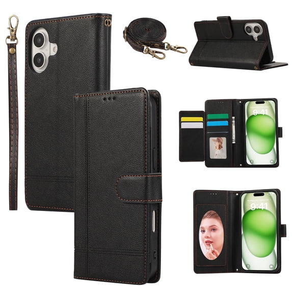 Allytechgroup Wallet Case for Apple iPhone 16 with Crossbody Strap Hand Wrist, Makeup Mirror Cards Slots Cash Pocket RFID Blocking Flip Stand Slim Case Cover for iPhone 16, Black