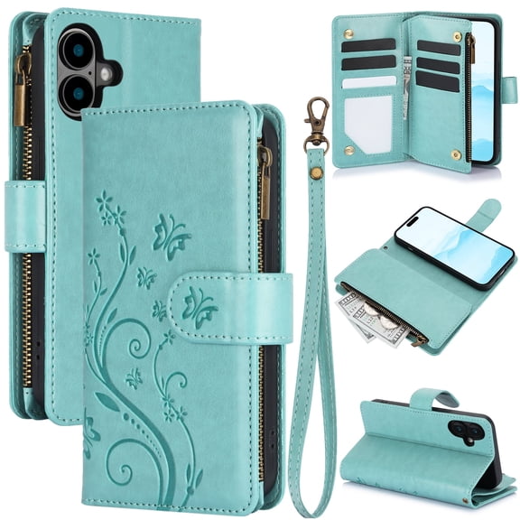 Allytechgroup Wallet Case for Apple iPhone 16, Multiple Cards Slots Zipper Pocket PU Leather with Stylish Pattern Hand Strap Flip Cover Phone Case for iPhone 16, Green