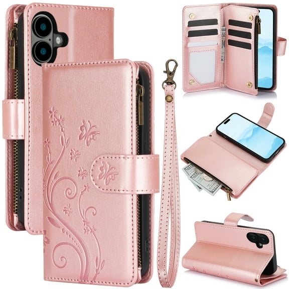 Allytechgroup Wallet Case for Apple iPhone 16, Multiple Cards Slots Zipper Pocket PU Leather with Stylish Pattern Hand Strap Flip Cover Phone Case for iPhone 16, Rosegold