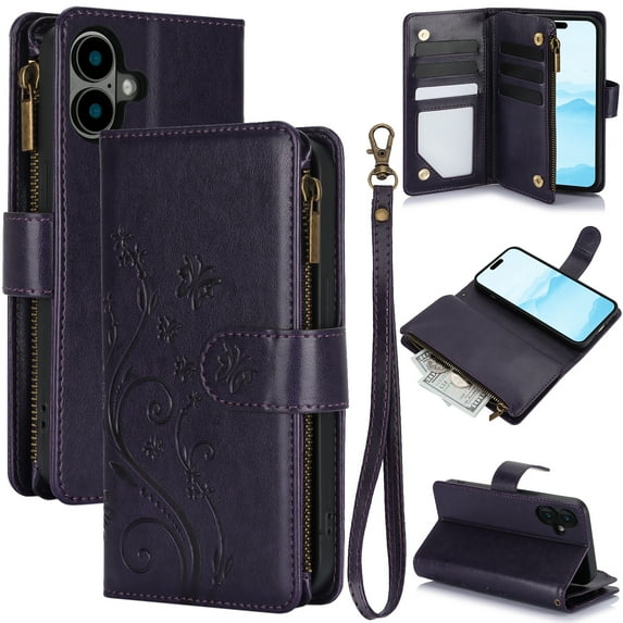 Allytechgroup Wallet Case for Apple iPhone 16 Plus, Multiple Cards Slots Zipper Pocket PU Leather with Stylish Pattern Hand Strap Flip Cover Phone Case for iPhone 16 Plus, Darkpurple