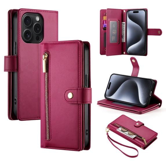 Allytechgroup Wallet Case for Apple iPhone 16 Pro Max, 9 Cards Holder + Zipper Pocket + Hand Wrist Shockproof Stand Flip Cover RFID Blocking Phone Case for Women Men, Red