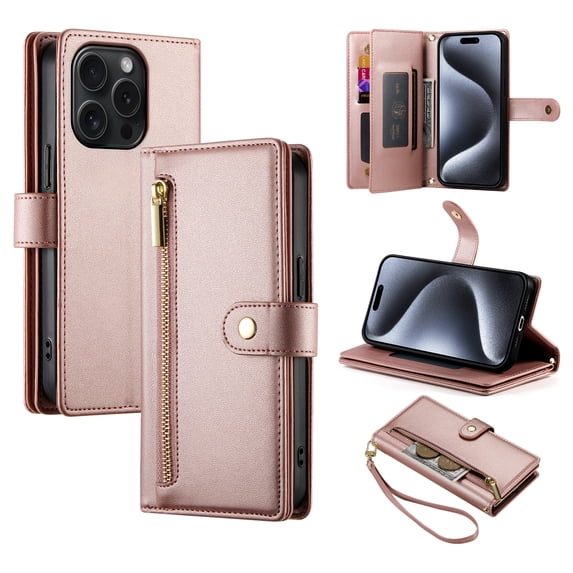 Allytechgroup Wallet Case for Apple iPhone 16 Pro Max, 9 Cards Holder + Zipper Pocket + Hand Wrist Shockproof Stand Flip Cover RFID Blocking Phone Case for Women Men, Pink