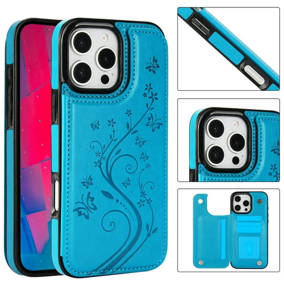 Allytechgroup Wallet Case for Apple iPhone 16 Pro Max, Butterfly Flower Embossed Slim Fit Shell Stand Shockproof Cards Holder Protective Phone Case Cover for Women Girls, Blue