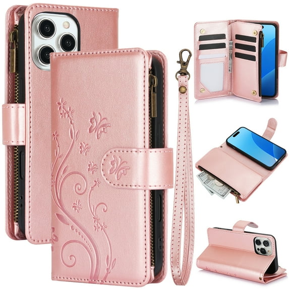 Allytechgroup Wallet Case for Apple iPhone 16 Pro Max, Multiple Cards Slots Zipper Pocket PU Leather with Stylish Pattern Hand Strap Flip Cover Phone Case for iPhone 16 Pro Max, Rosegold