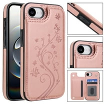 Allytechgroup Wallet Case for Apple iPhone 16e, Butterfly Flower Embossed Slim Fit Shell Stand Shockproof Cards Holder Protective Phone Case Cover for Women Girls, Rosegold