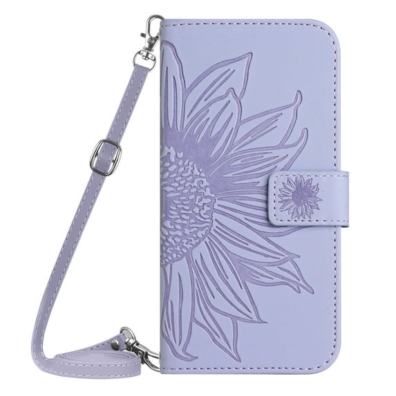 Allytechgroup Wallet Case for Apple iPhone 16e with Shoulder Strap, Sunflower Embossed Flip Cover for Girls Women Shockproof Stand Cards Slots Anti-Scratch Phone Case for iPhone 16e, Lightpurple