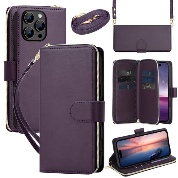 Allytechgroup Wallet Case for Apple iPhone 17, with Credit Card Slots Cash Pocket Magnetic Closure PU Leather TPU Shock-Resistant Protective Case with Strap Shoulder Lanyard, Darkpurple