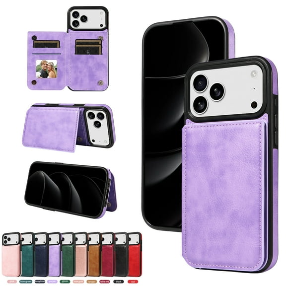 Allytechgroup Wallet Case for Apple iPhone 17 Pro Max, Retro PU Leather Cards Slots Photo Pocket Stand Protective Anti-Scratch Ring Holder Lightweight Phone Cover for iPhone 17 Pro Max, Purple