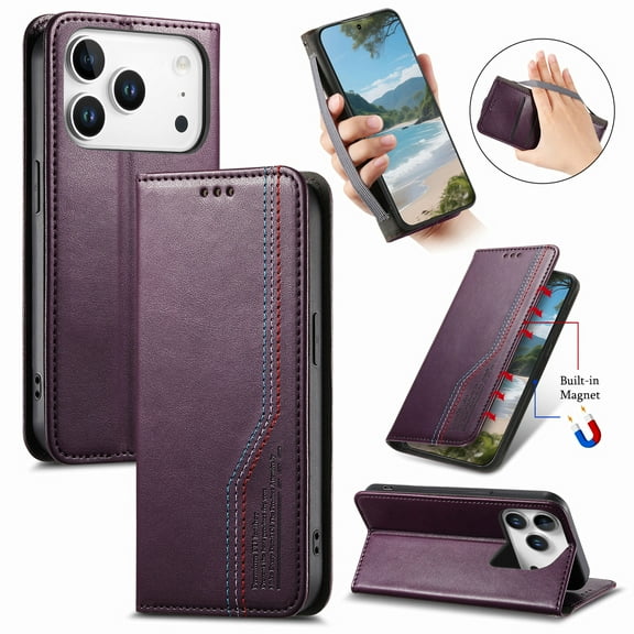 Allytechgroup Wallet Case for Apple iPhone 17 Pro, Rugged TPU Faux Leather Flip Cover with Shock-Absorbent Protection, Card & Cash Slots, Stand Holder, Anti-Scratch Wrist Strap Design, Purple