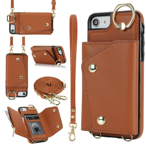 Allytechgroup Wallet Case for Apple iPhone 7 / 8 / SE 2022 & 2020, RFID Blocking Crossbody Shoulder Strap Hand Wrist Cards Holder Ring Stand Bumper Drop Protection Phone Case for Girls Women, Brown